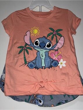 Disney Peach Stitch Graphic Tie-Front Tee with Matching Shorts NWOT